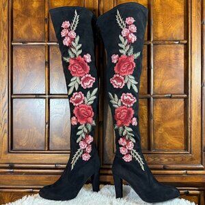 Wild Diva Black Faux Suede Red & Green Floral Embroidered Over the Knee Boot